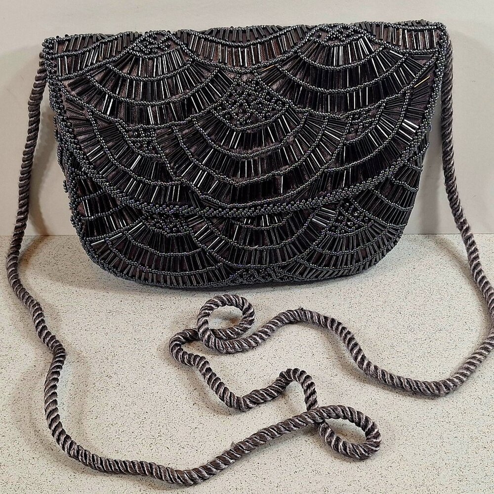 Hato Hasi Grey Silver Beaded Shoulder Corded Evening Crossbody Purse